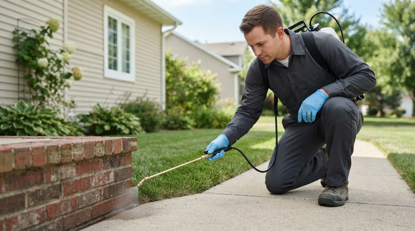 Pest control technician treating a home near Saratoga, IN