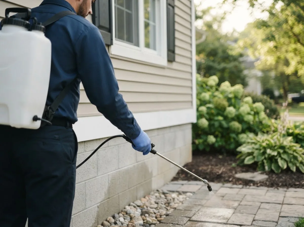Pest control technician inspecting a home in Saratoga, IN